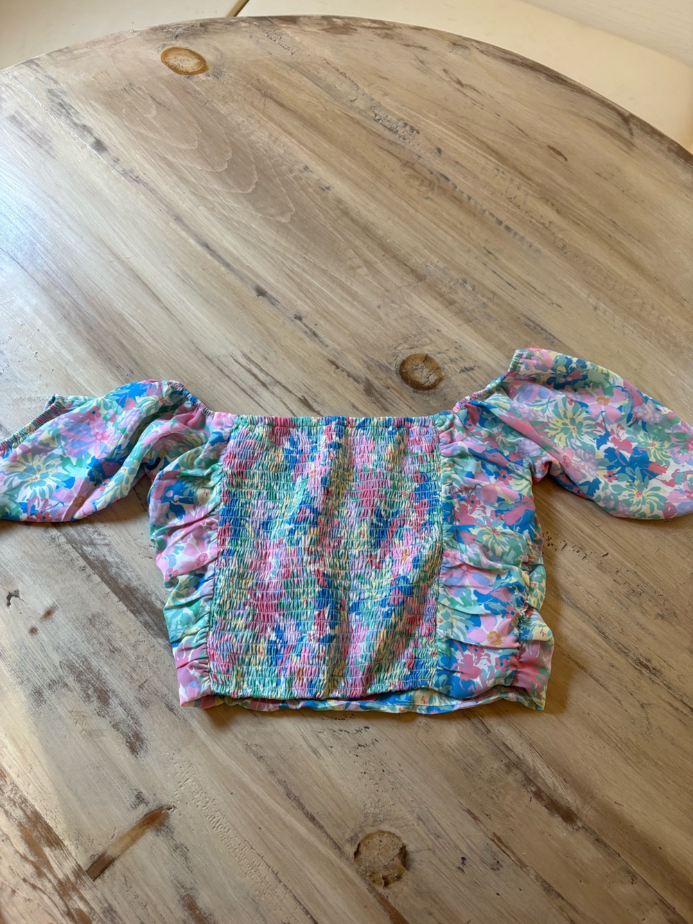 Floral Smocked Off-Shoulder Crop Top - Pastel Multi